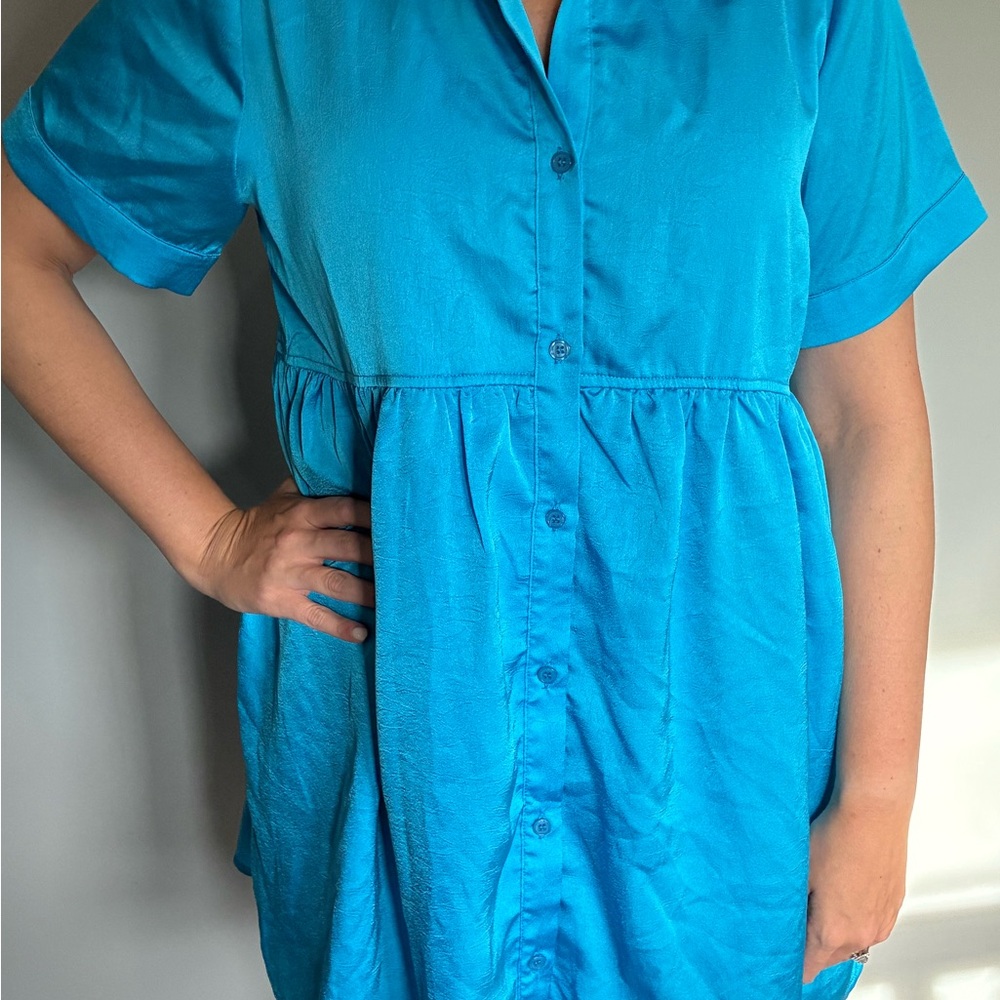 JODIFL Vibrant Teal Blue Button-Front Mini Dress